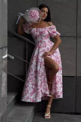 Off Shoulder Tie Waist Slit Floral Dress