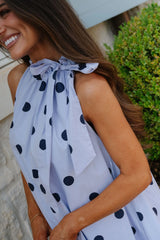 Ruffle Neck Midi Dress-Navy Polka Dot