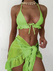 With Mesh Sarong Halter Ruffled Bikini Set