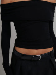 Off Shoulder Overfold Trendy Long Sleeve Crop Shirt
