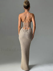 Hollow Lace Up Sweater Maxi Dress