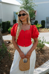 Clara Scalloped Lace Trim Top-Red