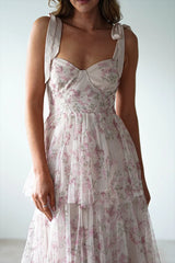 Pink Backless Strap Tiered Floral Dress