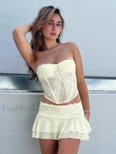 Summer Lace Skirt Tube Corset Crop Top Mini Skirt Two Piece Set