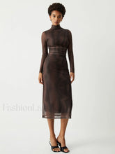 Illusion Tulle Print Mock Modern Neck Mesh Midi Dress