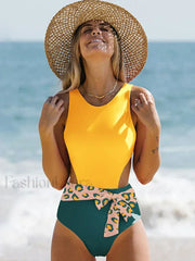 Patchwork Lace Up Backless One Piece