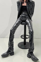 High Shine PU Leather Slim Straight Pants
