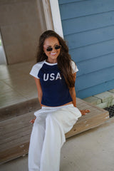 "USA" Color Block Baby Tee-Navy/White
