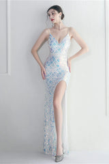 Iridescent Sequin Slit Bodycon Maxi Dress