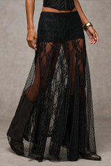 Lace Print Sheer Low Waist Maxi Boho Skirt