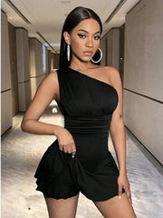 Pleated Solid Single Shoulder One Piece