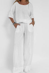 Plus Size Casual Solid Color Linen Pants Set