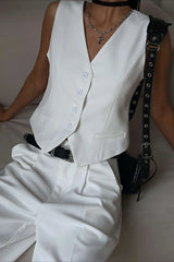 Casual V Neck Single Breasted Two Piece Vest Shorts Set