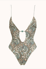 Deep V Printed Tie Backless One Piece Swimwear