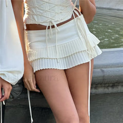 Tie-Up Pleated White Mini Skirt
