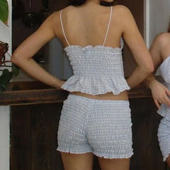 Y2K Plaid Front Button V Neck Camis Crop Top Mini Shorts Two Piece Set