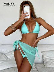 Solid Halter Lace Three Piece Set