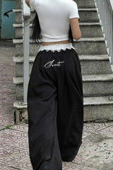 Contrast Waist Lace Trim Relaxed Long Pants
