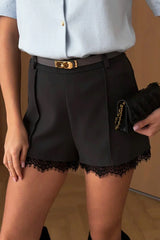 Black Lace Trim High Waist Tailored Shorts