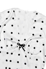 Polka Dot V-Neck Puff Sleeve Waist Tie Bodycon Maxi Dress
