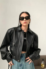 Short PU Leather Notch Lapel Jacket