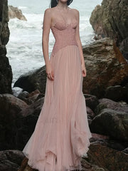 Lace Patchwork Pink Maxi Dress