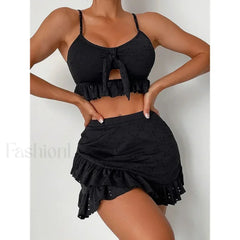 Ruffled Hollow Bow Asymmetrical Three Piece Set