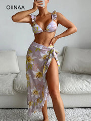 Ruffle Printed Split Three Piece Set