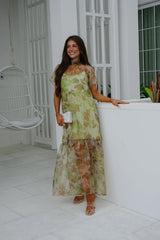 Josie Floral Organza Maxi Dress-Green Multi