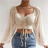ALLUKASA Sexy Mesh Lantern Sleeve Crop Top