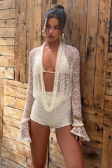 Plunge Neck Cutout Lace Sleeve Bodysuit Shorts Set