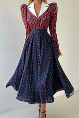 Contrast Collar Long Sleeve A Line Floral Dress