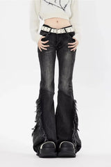 Black Low Rise Frayed Hem Long Flare Jeans