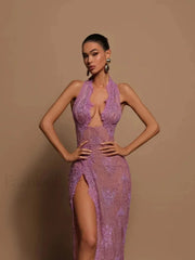 Beaded Lace Split Halter Maxi Dress
