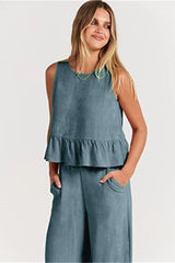 Ruffle Back Button Crop Two Piece Pants Set