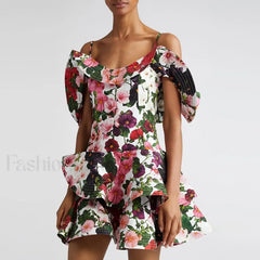 Colorblock Short-Sleeve Floral Dress
