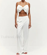 Loose White Satin Bow Skirt Two Piece Set