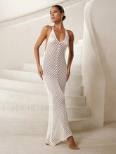 White Knitted See-through V Neck Backless Cover-ups