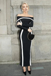 Contrasting Color Waist-Wrapped One-Shoulder Flared Maxi Dress