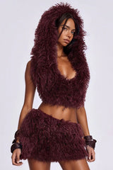 Faux Fur Hooded U Neck Backless Crop Top Mini Skirt Set