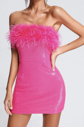 Sequin Faux Fur Off Shoulder Party Dress