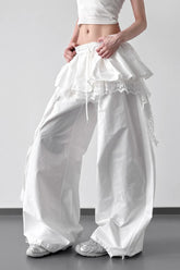 Lace Skirt Hem Trim Wide Leg Casual Pants