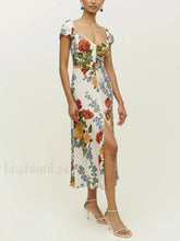 Short-Sleeve Slit Floral Dress