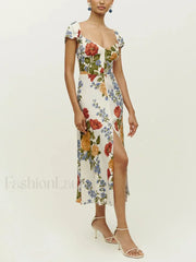Short-Sleeve Slit Floral Dress