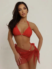 Red Lace Backless Split Bikini Set