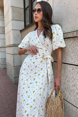 Cotton Printed V Neck Puff Sleeve Floral Dress
