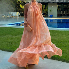 Spliced Dot Backless Halter Maxi Dress