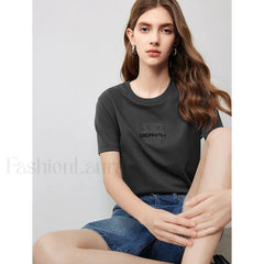 Letter Bead Embroidery Round Neck T-Shirt