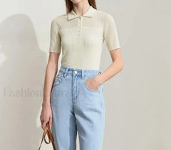 Ribbed Lapel Knitted T-Shirt