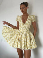 Pleated Puff-Sleeve Floral Dress